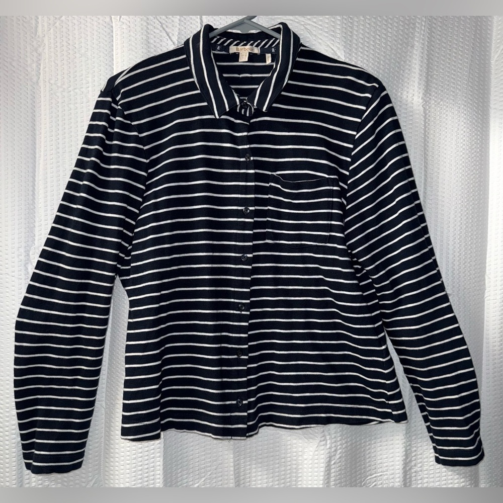 Barbour Navy Blue White Preppy Stripe Long Sleeve Button Top Size 10